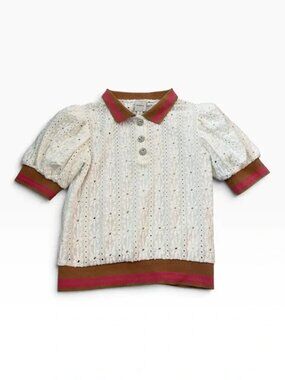 Maeve by Anthropologie White eyelet polo with tan & pink trim size XS
